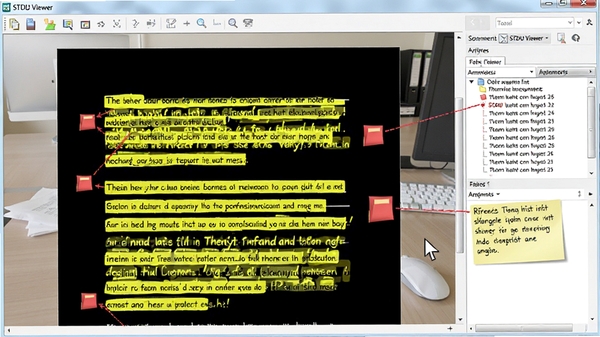 STDU Viewer软件运行截图,重点展示文本高亮和便签注释功能,文档页面中有黄色高亮段落和红色便签图标,右侧属性栏展开,显示注释列表,背景为简洁的办公桌面,鼠标指针指向注释标记