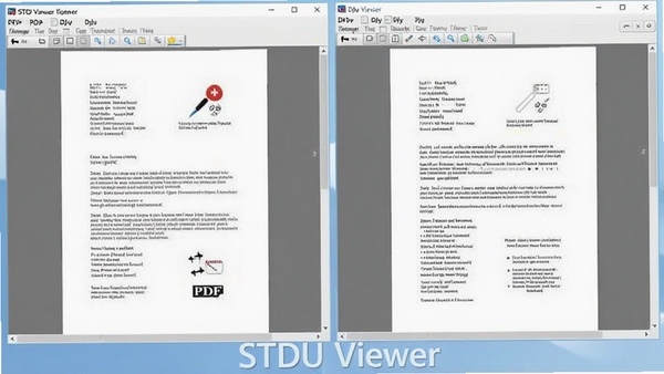 STDU Viewer软件界面中同时打开PDF与DjVu两种格式文档的对比截图,左侧为PDF文档,右侧为DjVu文档,窗口并列显示,背景为淡蓝色渐变,软件名称以水印形式置于画面底部,整体风格专业清晰