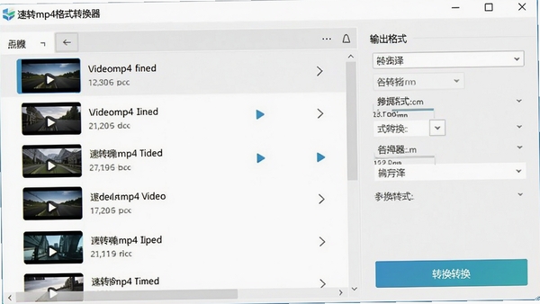 一款名为速转mp4格式转换器的桌面软件界面全貌,主窗口简洁明亮,左侧为视频文件列表区域,右侧为输出格式选择面板和转换按钮,背景为干净的浅灰色调,整体风格现代且专业,高清渲染效果