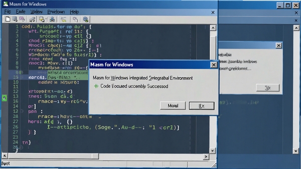 一幅展示Masm for Windows 集成实验环境进行代码汇编过程的截图,前景是正在高亮显示代码的编辑器窗口,背景是弹出的汇编成功提示对话框,整体画面以蓝灰色调为主,软件名称出现在对话框标题栏,画面风格写实清晰