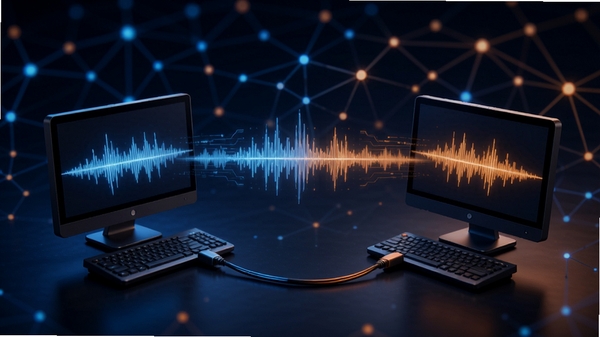 楼月局域网声音传输系统实时传输示意图,画面中两台电脑通过网线连接,音频波形图从一台电脑流向另一台,背景为抽象的网络拓扑结构,蓝色与橙色色调突出数据流动的科技感