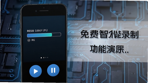 连点器免费智能录制功能演示图,画面中手机屏幕显示录制进度条,下方有播放、暂停按钮,背景为深色科技感纹理,突出自动化操作概念,整体色调蓝黑搭配。