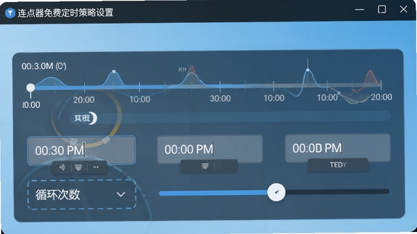 连点器免费定时策略设置界面,展示时间轴与循环次数选项,背景为浅蓝色渐变,前景有数字输入框与滑动条,整体风格清爽,体现精准控制的特性。