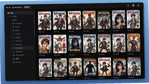 ComicShelf漫画书架主界面预览图,左侧为分类导航树,右侧为漫画封面墙,整体采用深色主题,书籍封面排列整齐,背景为柔和的渐变蓝色,界面简洁现代,高清渲染