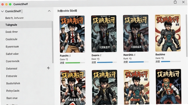 ComicShelf软件功能展示图,展示智能分类管理界面,左侧为标签筛选栏,右侧为漫画列表,包含封面缩略图、书名、进度条等元素,背景为浅灰色,界面清晰,现代扁平化设计风格