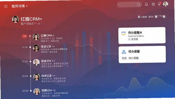 ��ȦCRM+ Ӧ���ڿͻ�����ҳ�棬����ʱ������ʽ�ĸ�����¼���������ѿ�Ƭ������������������Ϊ����ɫ��ͻ�����ݿ��ӻ�Ԫ�أ�UI��Ʒ��