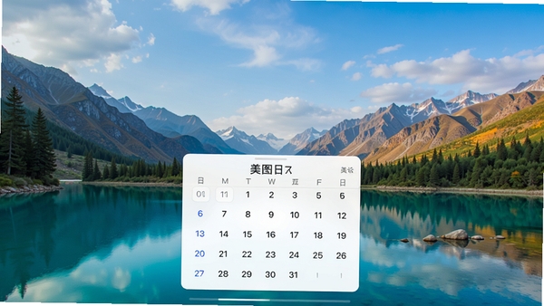 美图日历主界面预览图,展示精美的风景壁纸背景与清晰简洁的日历控件,画面风格清新自然,整体布局协调,壁纸占据主要视觉区域,日历模块悬浮于画面中央偏下位置,色彩明亮,细节丰富,适合作为软件宣传主图使用