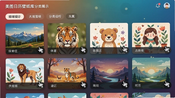美图日历壁纸库分类展示界面效果图,呈现网格状壁纸缩略图预览,包含风景、动物、插画等多个分类标签,界面设计现代化,缩略图排列整齐,鼠标悬停效果清晰可见,整体画面色彩丰富且富有吸引力