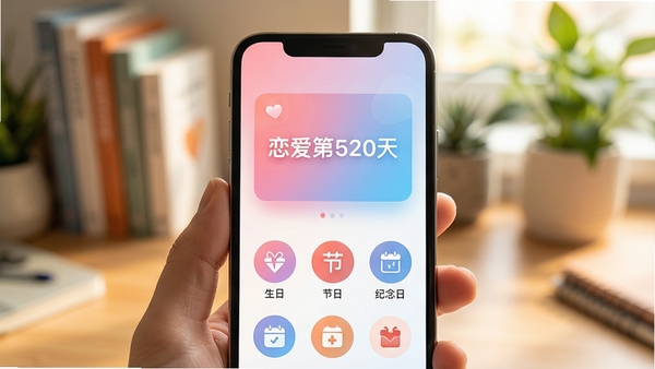 温馨的智能手机屏幕特写,屏幕中央显示点点纪念日应用界面,界面以柔和的粉蓝色渐变背景,上方有“恋爱第520天”的醒目数字卡片,下方排列着几个圆形图标分别代表生日、节日、纪念日,整体画面明亮温暖,背景虚化的书桌和绿植,营造出生活化的氛围,竖版构图,细节丰富,光线柔和,适合应用商店展示图
