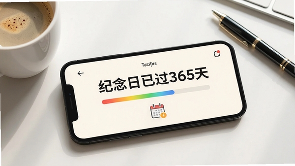 手机横屏展示点点纪念日应用,界面呈现“纪念日已过365天”的醒目数字,数字下方有彩色进度条和日历图标,背景是淡雅的米白色,手机旁边放着一杯咖啡和一支笔,桌面整洁,自然光照射,画面清晰,突出应用界面的简洁与数据的精准,适合功能亮点展示
