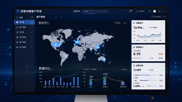顶易中国客户开发与跟踪系统主界面预览图,展示其客户管理仪表盘、数据统计图表与搜索功能栏,整体界面风格现代简洁,布局清晰,背景为深蓝色科技感渐变,屏幕中央显示全球客户分布地图与关键数据看板