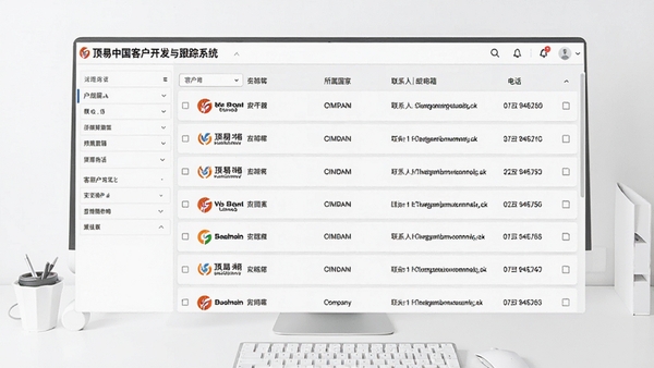 顶易中国客户开发与跟踪系统的全球客户数据检索界面,左侧为筛选条件面板,右侧展示详细的客户列表,包含公司Logo、名称、所属国家、联系人邮箱与电话等字段,背景为干净明亮的白色工作台,数据卡片排列整齐