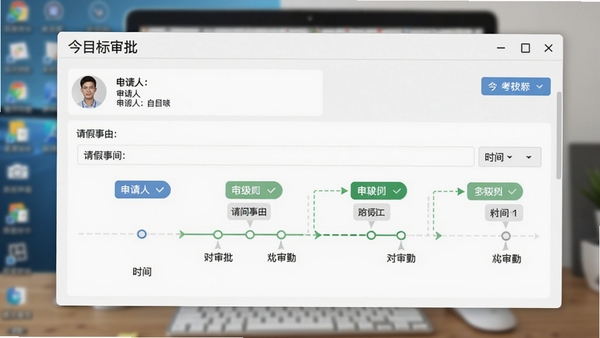 今目标软件考勤审批功能界面特写,显示一个请假申请单的审批流程,包括申请人信息、请假事由、时间轴上的审批节点与状态标记,界面清晰展示多级审批路径,背景为模糊的电脑桌面,突出软件操作便捷性