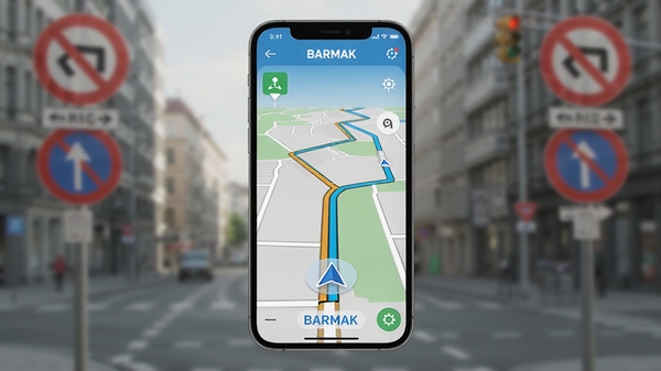һ��չʾBARMAK����Ӧ�ú��Ľ���ĸ���������Ⱦͼ������������һ�����е��������������ֻ�����Ļ��ʾ��ɫ·�ߵ�ͼ����ɫ��λ��ͷ��������ģ���ĳ��нֵ��뽻ָͨʾ�ƣ�����ɫ������������ͻ��������ʵ������Ƽ��У�����ɾ������֡�