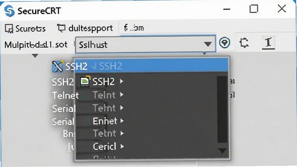 SecureCRT�������棬չʾЭ��ѡ�������˵�������SSH2��Telnet��Serial��ѡ�����Ϊǳ��ɫ���ڣ�������ʾSSH2ѡ�����������ͻ��SecureCRT�Ķ�Э��֧�ֹ���