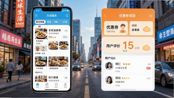 抖团生活服务APP主界面预览图,展示附近商家列表、优惠券领取页面与用户评价区域,背景为城市街景,整体色调明亮活泼,UI设计现代简洁,突出本地生活推荐功能