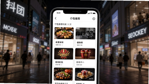 抖团APP智能推荐功能展示图,手机屏幕显示个性化推荐列表,包含餐厅、健身房、电影院等商家卡片,背景为模糊的商圈夜景,突出算法推送与场景化推荐