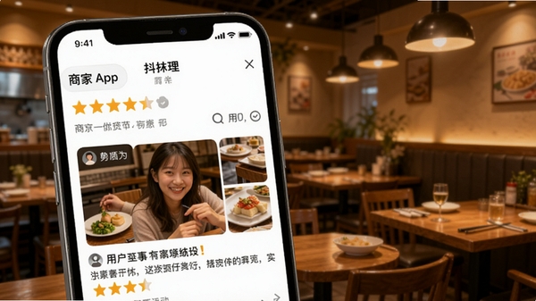 抖团APP用户评价与口碑展示图,手机界面显示商家评分、用户晒图与文字评价,背景为温馨的餐厅环境,突出真实互动氛围