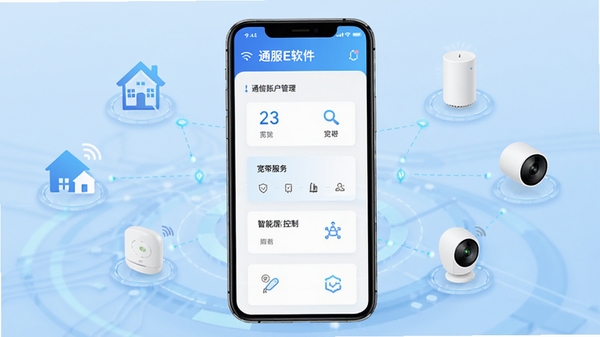 通服E家软件主界面预览图,展示通信账户管理、宽带服务、智能家居控制等核心功能模块,界面风格现代简洁,背景为浅蓝色科技感渐变,用户手机屏幕居中显示,周围有家庭网络图标和智能设备图标点缀,整体画面明亮清晰,适合应用商店宣传图