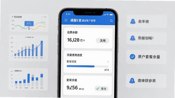 通服E家通信账户管理界面截图,展示话费余额、流量使用进度条、套餐余量等数据卡片,背景为浅灰色,手机屏幕元素居中,周围有数据图表和提醒图标,色彩搭配以蓝色和白色为主,风格简洁商务