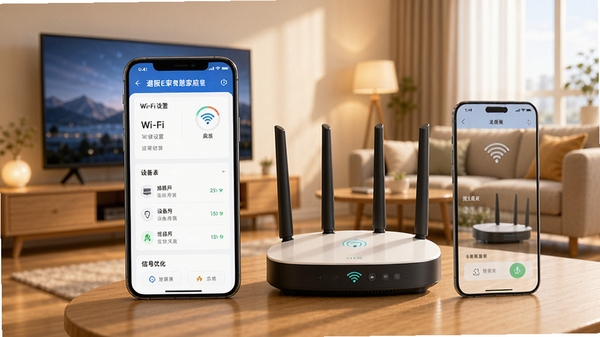 通服E家智慧家庭网络控制功能展示,手机界面显示路由器管理面板,包含Wi-Fi设置、设备列表、信号优化选项,背景为现代家庭客厅场景,路由器模型和手机屏幕元素结合,色调温馨明亮,突出科技感与生活化
