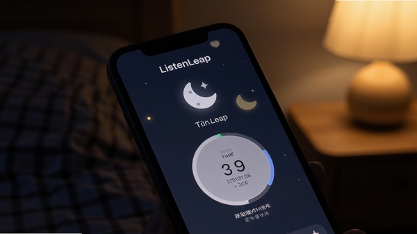 ListenLeap 夜间模式与定时关闭功能预览图,画面为暗色背景下的手机界面,显示定时器与月亮图标,周围柔和灯光氛围,突出助眠与省电特性