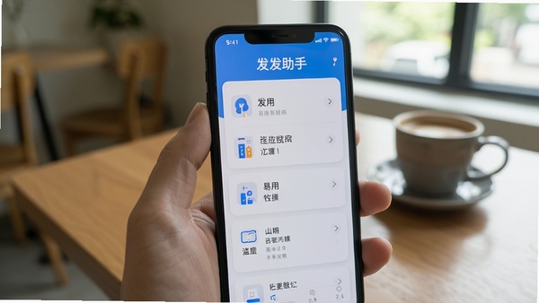 发发助手在手机上运行的实拍图,手机屏幕清晰显示软件主功能列表,背景为日常使用场景,光线自然,强调软件的易用性和稳定性。