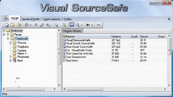 Visual SourceSafe ����������Ԥ��ͼ��չʾ��Ŀ�ļ����ṹ���汾��ʷ�б��Լ���������ť������Ϊ����ɫ���䣬��������������ͻ����������Visual SourceSafe��