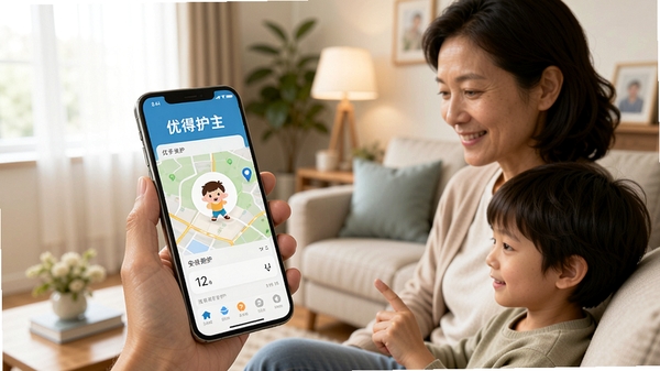 画面主体为一部智能手机屏幕显示优得护主界面,背景为温馨的家庭客厅场景,一位家长正微笑着查看手机上的孩子位置地图,画面明亮柔和,突出安全守护与亲子关怀氛围,风格写实高清