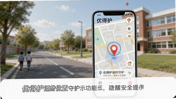 优得护位置守护功能示意图,手机屏幕显示地图与定位标记,背景为户外街道与学校建筑,风格简洁现代,突出实时定位与安全提醒