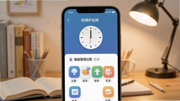 优得护应用界面展示时间管理设置,屏幕上有圆形时钟图标与彩色应用图标,背景为书桌与台灯,体现学习氛围,画面清晰明亮,突出智能管控功能