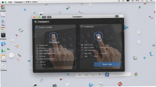 Trackpad++手势设置界面示意图,展示多指操作配置选项,背景为浅灰色桌面环境,界面元素清晰,突出自定义功能