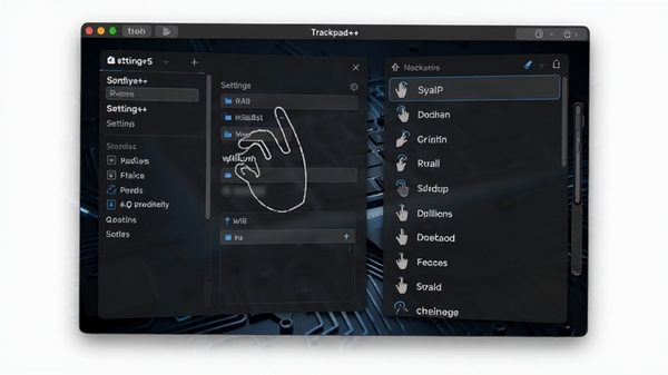 Trackpad++软件主界面预览图,展示设置面板与手势列表,背景为深色科技感风格,界面清晰明亮,整体氛围专业且现代化