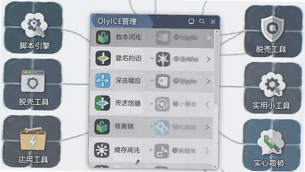 OllyICE插件管理菜单展开示意图,画面展示一系列已安装的插件列表,周围环绕着代表不同功能模块的抽象图标,如脚本引擎、脱壳工具、实用小工具等,体现软件强大的扩展生态。