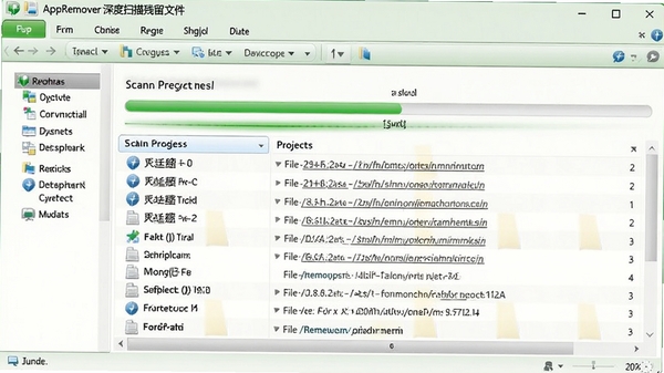 AppRemover���ɨ������ļ������ͼ����ʾɨ��������ͷ��ֵ���Ŀ�б�������ע�����ļ�·���ȣ�����Ϊϵͳ�ļ���Դ���������ɫ������ɫ�ͻ�ɫΪ�������ְ�ȫ��Ч����������
