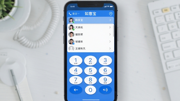 如意宝电话软件主界面预览图,画面中央是一个简洁的拨号键盘,上方显示联系人列表,整体采用蓝白配色,界面风格现代且清爽,背景为浅灰色桌面环境,图标清晰可见,突出软件的通话功能。