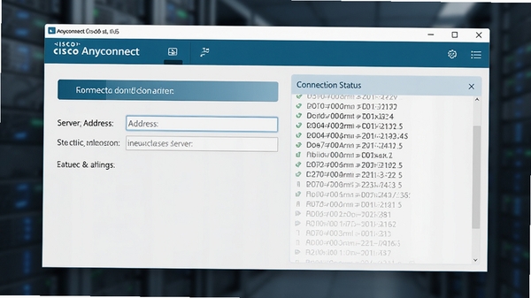 һ�Ÿ����Cisco Anyconnect���������������ͼ�������࣬�����ʾ���Ӱ�ť�ͷ�������ַ������Ҳ���ʾ����״̬��־��������Ϊ��ɫ�Ƽ��У������黯������ͻ����������
