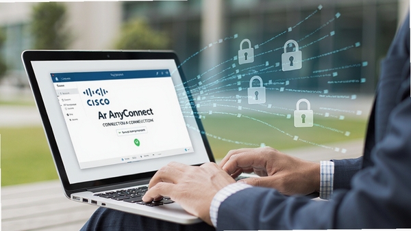 ����ͼչʾһλ������ʿ�ڻ���ʹ�ñʼǱ����ԣ���Ļ��Cisco Anyconnect������ʾ������״̬����Χ�а�͸���������������ͼ�����ͼ�꣬Ԣ�ⰲȫԶ�̽��룬������������