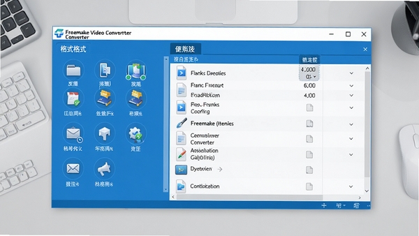 Freemake Video Converter主界面展示,左侧为格式选择区域,右侧为文件列表,整体采用蓝白配色,界面清爽现代,背景为浅灰色工作台,图标清晰可见