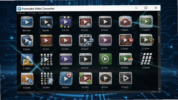 Freemake Video Converter格式选择界面,展示多种视频格式图标,背景为蓝色调科技感桌面,图标排列整齐,光线明亮