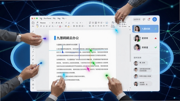 九慧鸥鸥云办公软件协作功能示意图,画面中央是一份被多人同时编辑的在线文档,不同颜色的光标在文字间闪烁,右侧边栏显示参与者的头像和名字以及实时聊天记录,背景是抽象的数字网络连接线条,象征着云端互通,风格现代且充满科技感