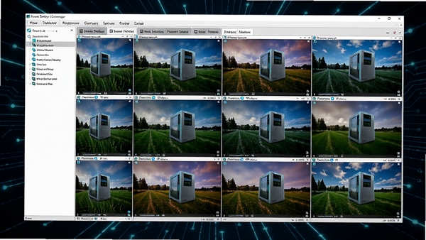 Remote Desktop Connection Manager多标签页同时连接多台服务器,画面显示多个远程桌面窗口以标签形式在界面内平铺,色彩鲜艳,体现高效管理,背景为深色科技感光线效果