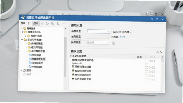 易捷自动抽题出题系统随机抽题界面,窗口左侧为题库树状目录,右侧显示抽题设置选项与已抽取题目列表,背景为柔和的浅灰色工作台,整体光线明亮,界面元素清晰