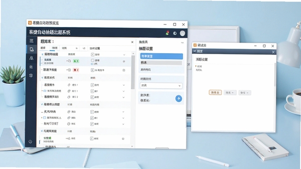 易捷自动抽题出题系统主界面预览图,展示题库列表、抽题设置面板与测试窗口,背景为简洁的浅蓝色学习桌面,整体风格清爽专业,软件名称清晰显示在窗口标题栏