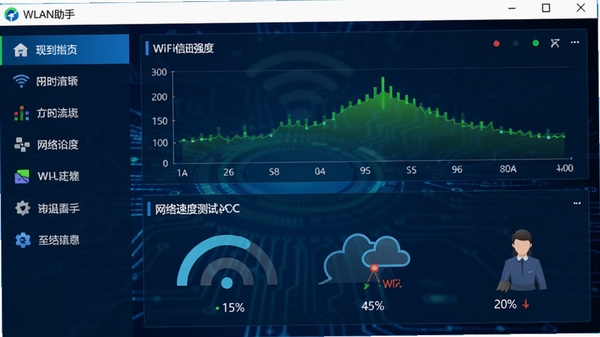 WLAN助手主界面截图,展示软件整体布局,左侧为功能菜单,右侧为当前WiFi信号强度图表与网络速度测试结果,背景为深蓝色科技感风格,界面元素清晰明亮