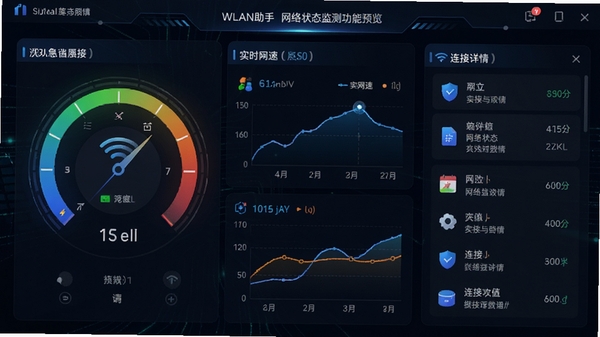 WLAN助手网络状态监测功能预览图,界面显示信号强度仪表盘、实时网速曲线图、连接详情列表,背景为深色科技风格,数据可视化清晰
