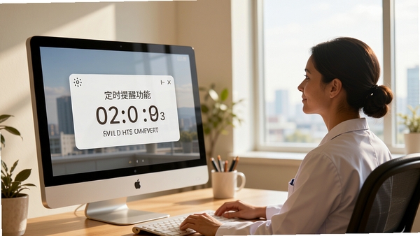 眼睛护士定时提醒功能示意图,屏幕上弹出优雅的休息倒计时窗口,背景为办公室场景,用户暂停工作眺望远方,画面温馨自然