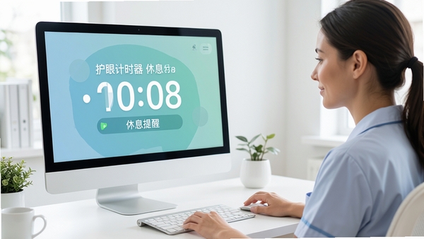 眼睛护士软件主界面预览图,展示护眼计时器与休息提醒功能,背景为现代简约办公桌面,电脑屏幕显示护眼倒计时,画面明亮清新,突出健康用眼主题
