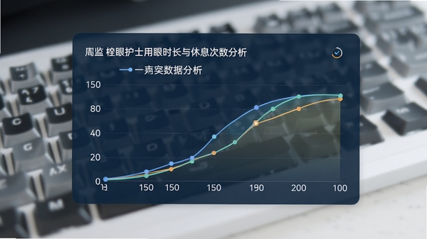 眼睛护士用眼数据统计图表界面,展示一周用眼时长与休息次数曲线图,界面风格简洁专业,背景为模糊的电脑键盘,突出数据分析功能