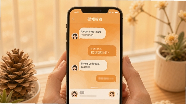 松果倾诉倾听者主界面预览图,手机屏幕显示温暖色调的聊天界面,背景柔和的渐变橙色,前景有对话气泡和用户头像,整体风格温馨治愈,突出情感陪伴主题
